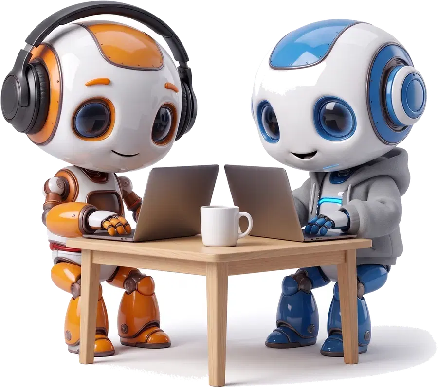 Cee in headphones and a blue robot in a hoodie, working at a table with a coffee between them